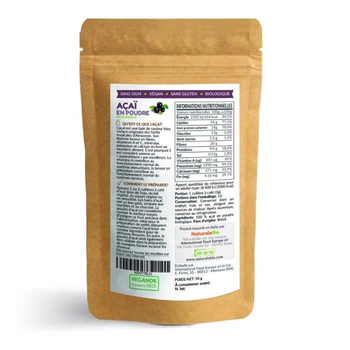 Poudre de baies d’ açai bio [ freeze - dried ] 50g -pure organic acai berry powder -100% produit au brésil, lyophilisé, cru et