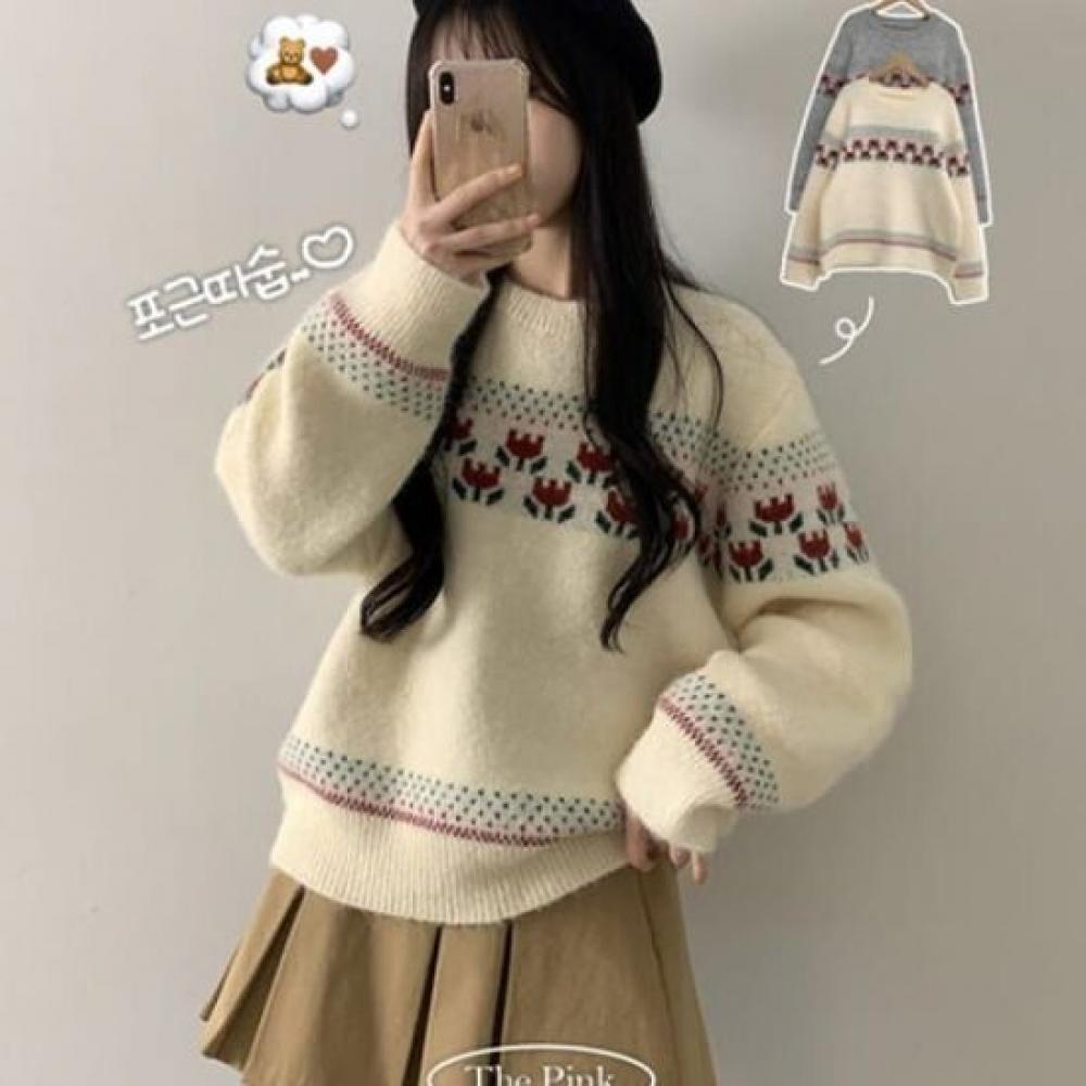 The Pink Women Nordic Flower Hairy Knit