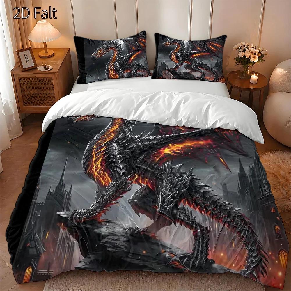 Dark Flame Dragon Quilt Cover Set 3 Piece Bedding Set with 2 Pillowcases, 2D Flat Print Duvet Cover Invisible Zipper