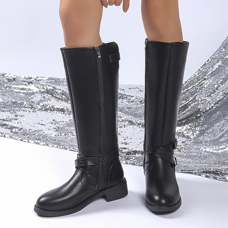 Black Pu Leather Riding Boots Women Fashion Buckle High Heels Knee High Boots Woman Autumn Winter Side Zipper Long Botas Mujer
