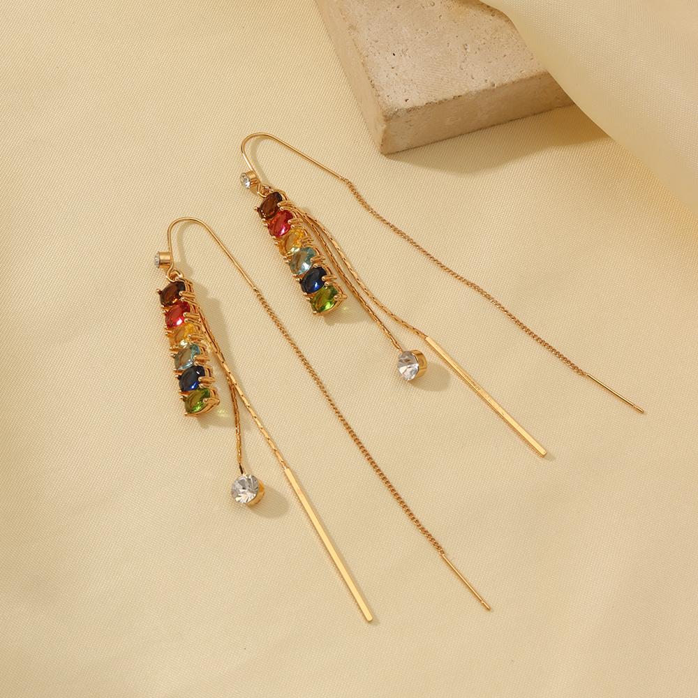 1Pair Fashion Colored Long Rectangle Tassel Cubic Zirconia Ear Line Long Hanging Drop Earrings for Women Piercing Threader Earing Ear Jewelry