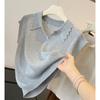 Women's Polo Collar Cap Sleeve Knit Top Slim Fit Japanese Korean Casual Solid Lace Trim V Neck Sleeveless Blouse