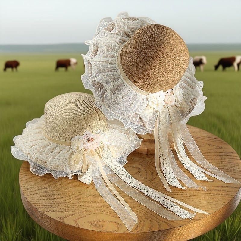 Sun Hat Pastoral Sweet Lolita Straw Hat Lace Bow Travel Streamer Sunscreen Straw Hat Beauty
