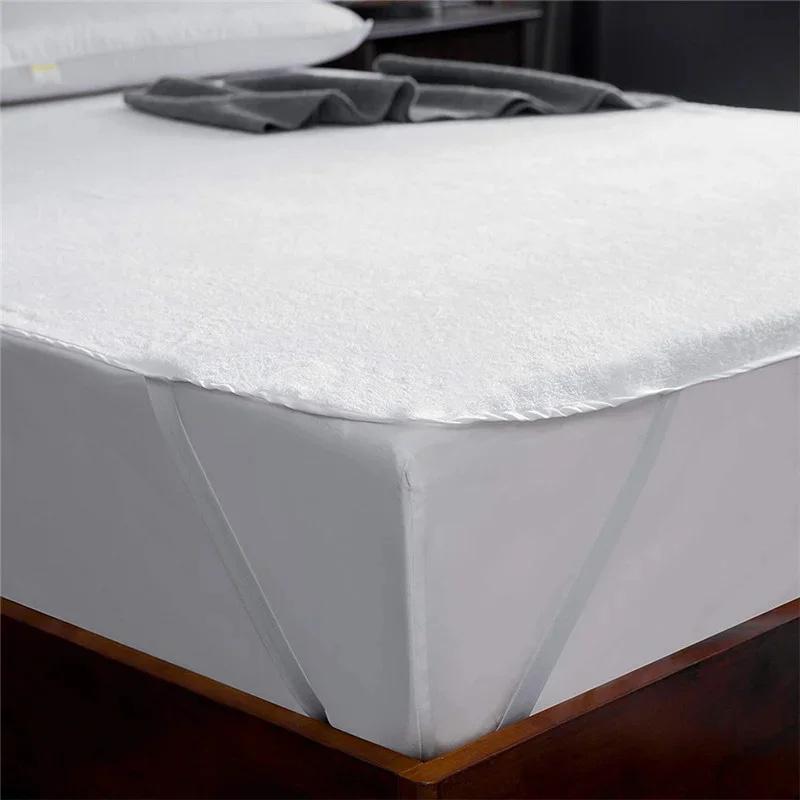 Waterproof White Mattress Pad Cover Terry Cloth Bed Fitted Sheet Elastic Belt Fix Mattress Topper Anti Water Sheet