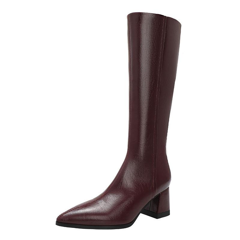 High Heels But Knee Boots Women's New Autumn and Winter 2025 Pointed High Boots Large Size Thick Heel Thin Boots
