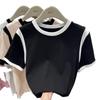 Damen Sommer Kontrastnaht Rundhals Kurzarm Top