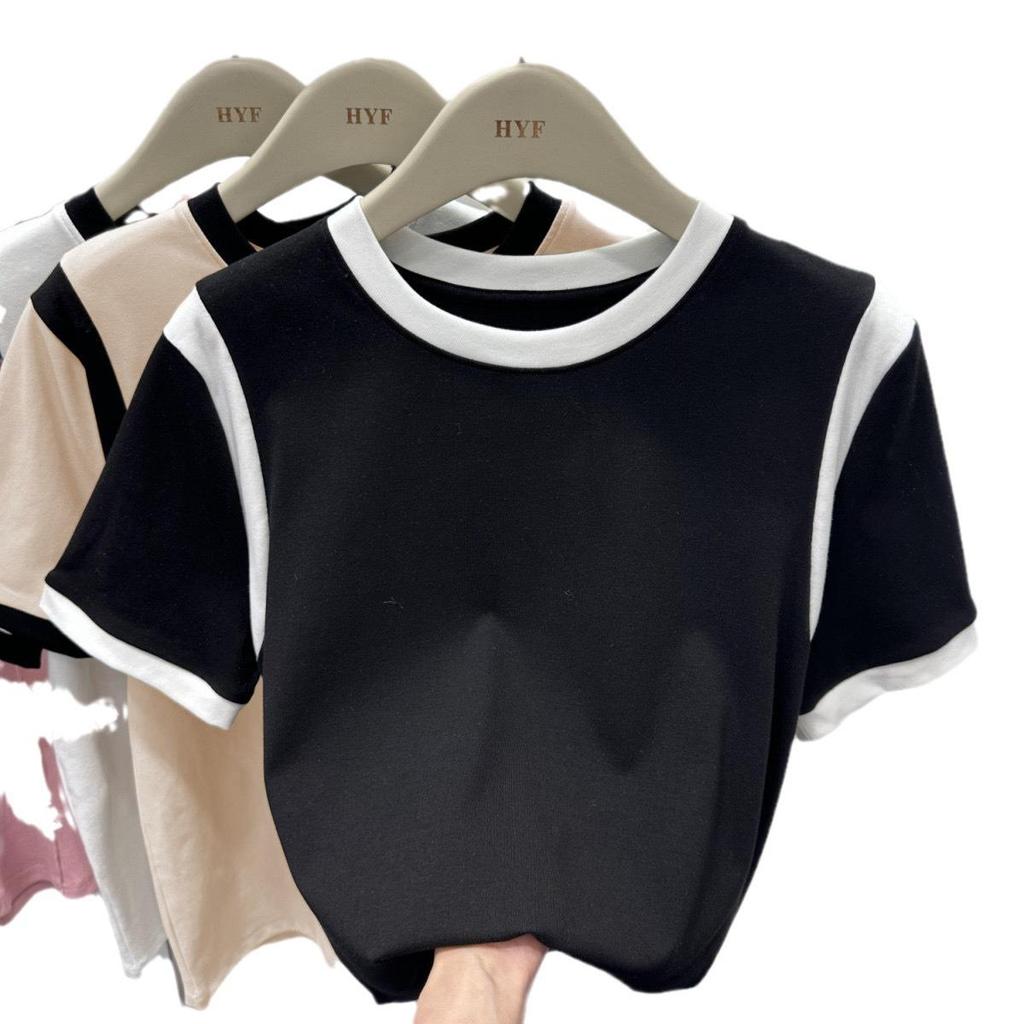 Damen Sommer Kontrastnaht Rundhals Kurzarm Top