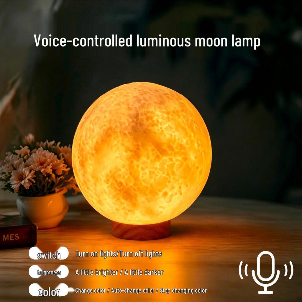 Voice-Controlled Luminous Moon Lamp - Decorative Bedside Night Light