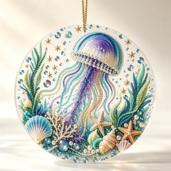 Handcrafted Sea Series Ornaments Ocean Theme Pearl Art Hanging Ornament, 2D Flat Acrylic Coastal Beach Home Decorations Life Suncatcher, Beaded