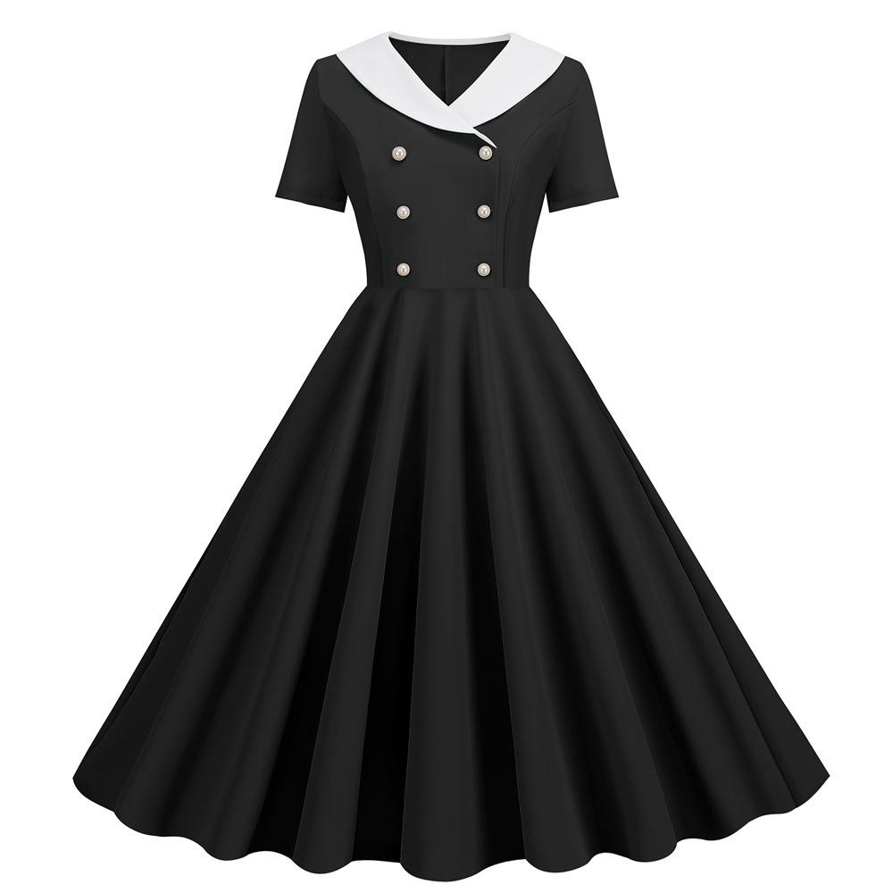 Women Prom Party Dress Vinatge 50s Evening Dress A-line Big Swing Short Sleeve V Neck Button Decor Fake Double-breasted Hidded Zipper Solid