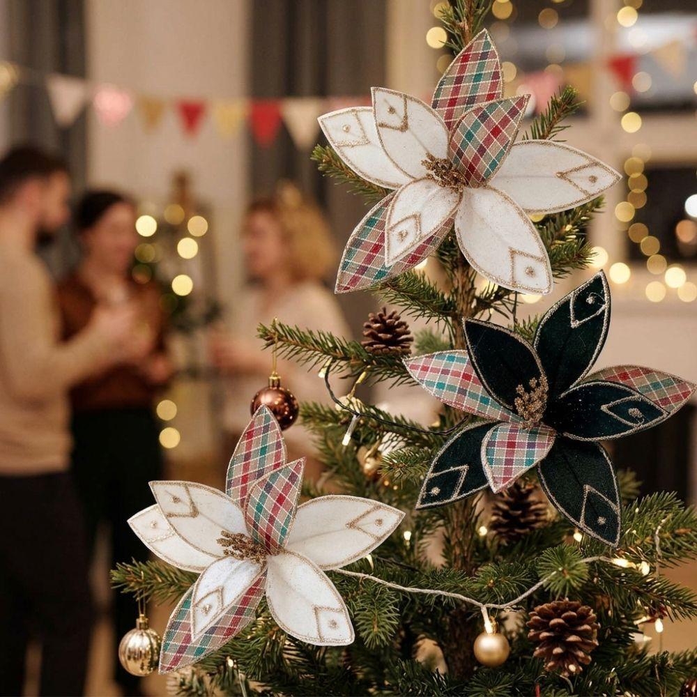 Handmade Velvet Poinsettia Pick Flocking Xmas Tree Flower Artificial Christmas Flower Photo Props