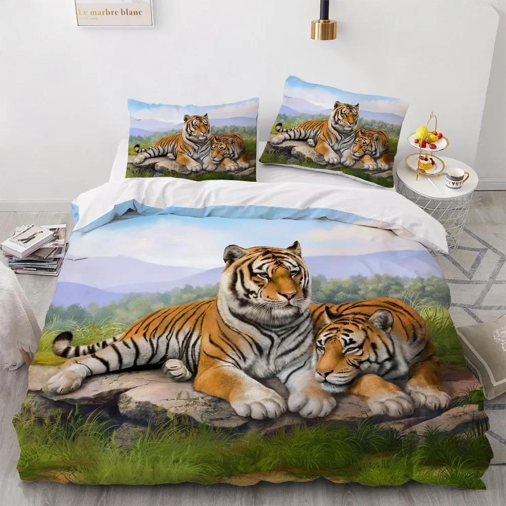 3D Bedding Set Black Duvet Quilt Cover Set Comforter Cover Pillowcase King Queen Size Animal Tiger Printed Polyester Quilt Cover