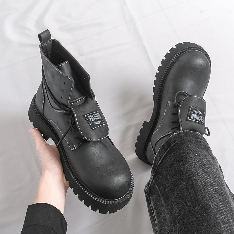 Męskie buty retro na grubej platformie, buty motocyklowe z dużą główką, wysokie buty, plus size