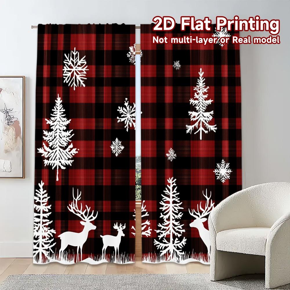 Curtains Buffalo Plaid Deer Snowflakes Popular Fashionable Durable Polyester Fabric Versatile All Set Of 2 Made