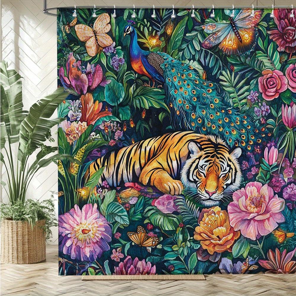 Exotic Tiger & Peacock Waterproof Mildew-Resistant Shower Curtain - Tropical Floral Design for a Luxurious Bathroom Décor