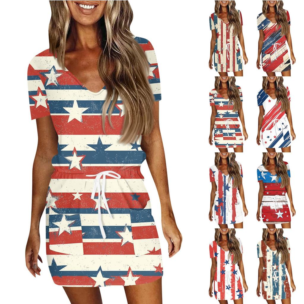 Women's Summer Casual Fashion Independence Day Printed Drawstring V Neck Short Sleeve Dress