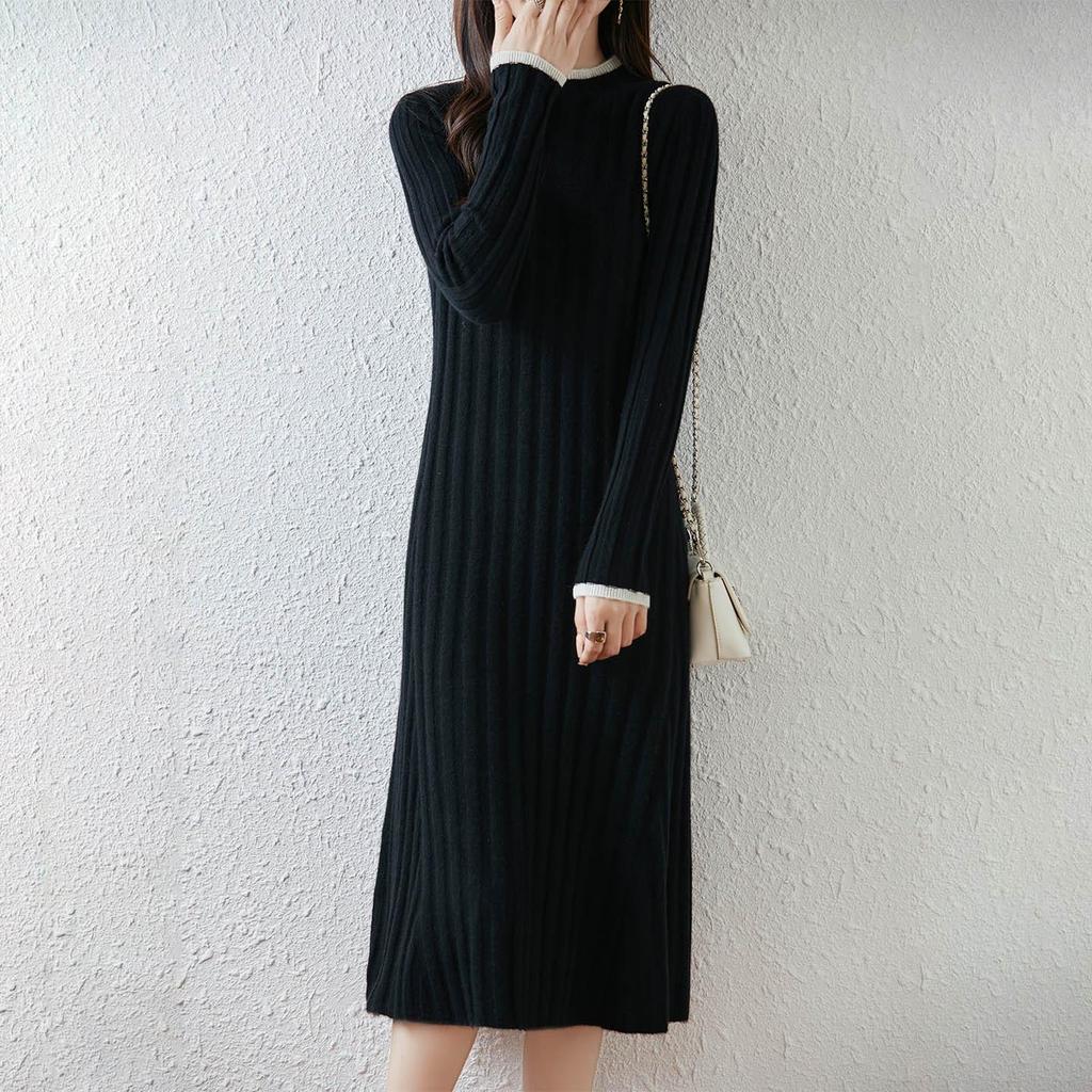 Women's Mid-Length Wool Knit Dress with High Collar - Elegant Cashmere Base Layer for Autumn/Winter