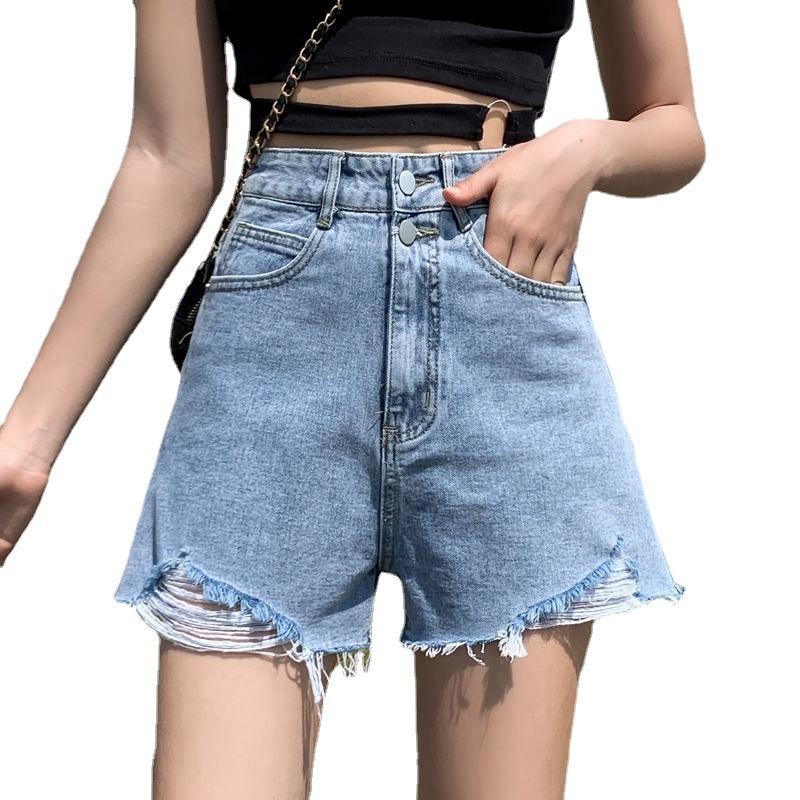 Pants Classic and Minimalist Fashion Versatile Thin Female High-waisted A-line Thin Summer Broken Holes Loose Wide-legged Denim Shorts Individuality