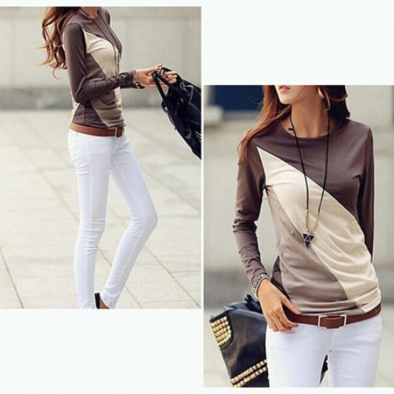Korean Fashion Women Style Autumn Slim Fit Color Block Blouse Long Sleeve Shirt