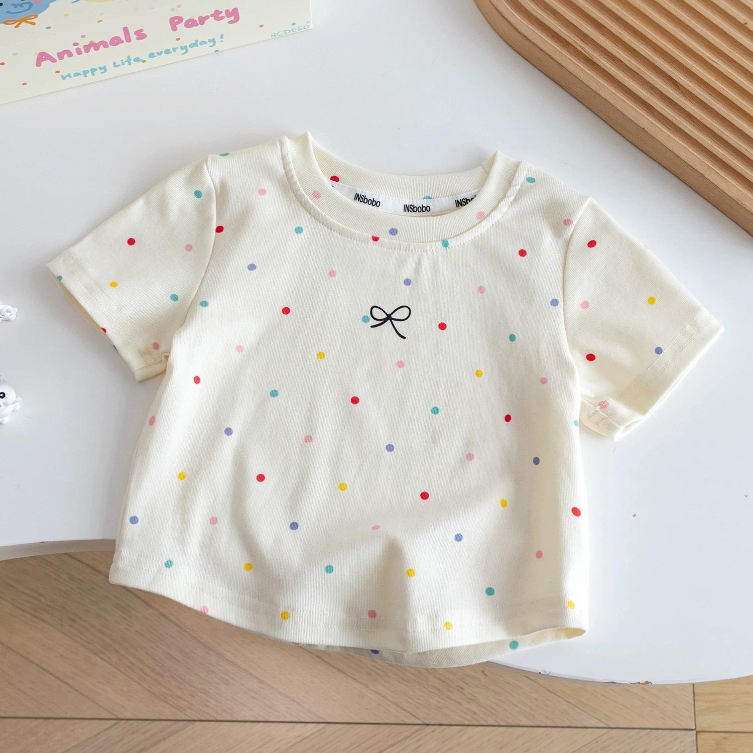 Girls  Cotton Short-sleeved T-shirt For Summer, Simple Children s Polka Dot Top 100cm