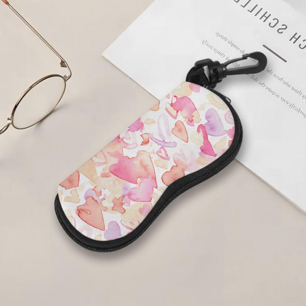 Watercolor Pink Hearts Print Soft Eyeglasses Sunglasses Case, Portable Lightweight Fabric Eyewear Pouch, Protective Glasses Holder for Travel Daily