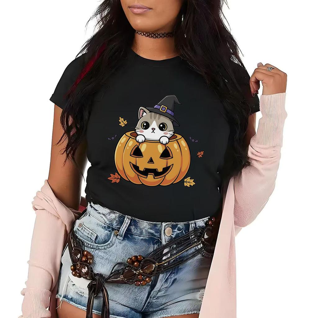 Halloween Pumpkin Kitten Printed Tshirt Casual Short Sleeve Suitable for Four Seasons Fashion Versatile Womens Tshirt
