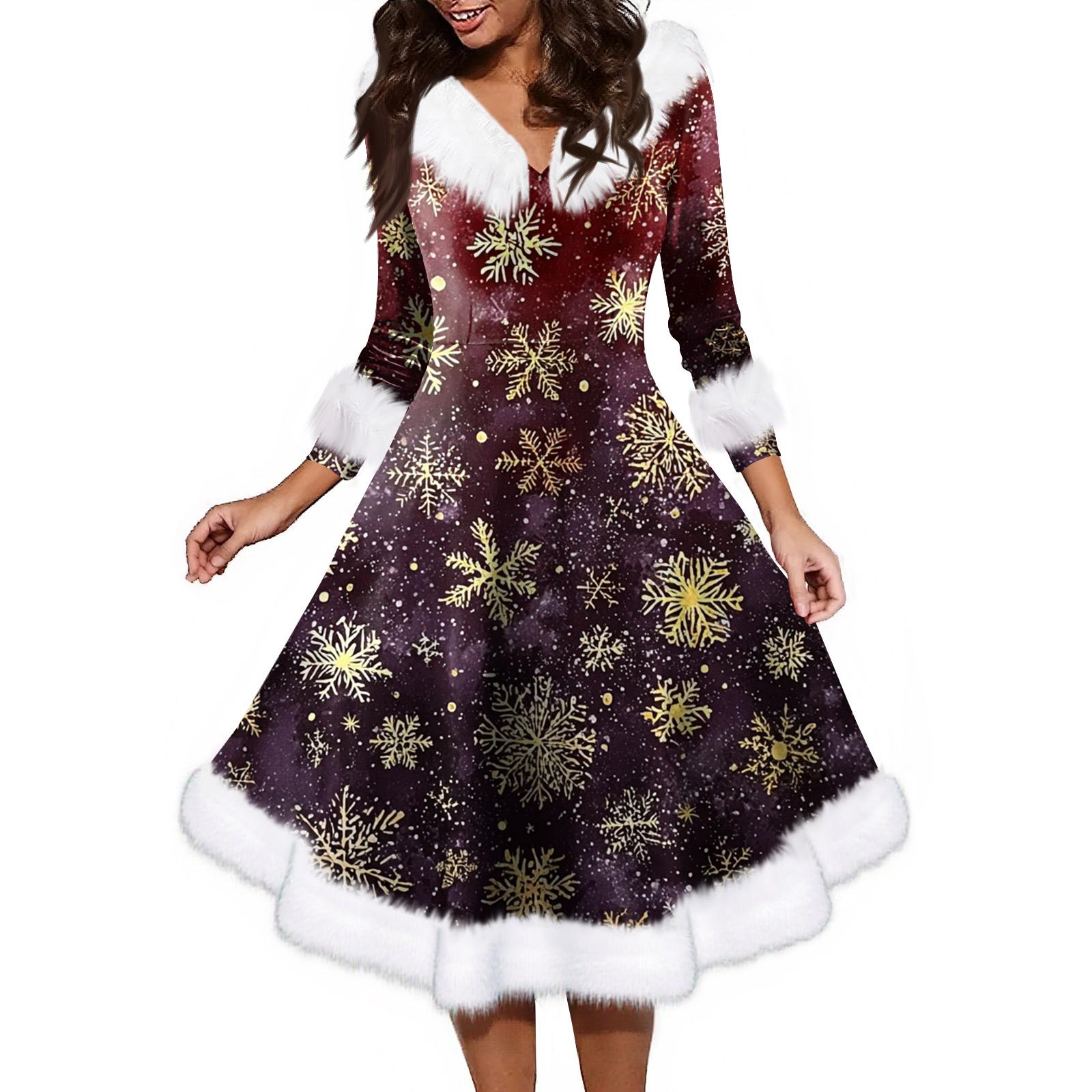 

Женское модное повседневное платье с v-образным вырезом и рождественским принтом для вечеринки с длинными рукавами XL винный