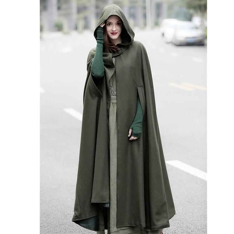 Cappotto Mantella Lungo da Donna in Misto Lana con Cappuccio Silhouette a Pipistrello Costume da Esterno per Cosplay di Halloween
