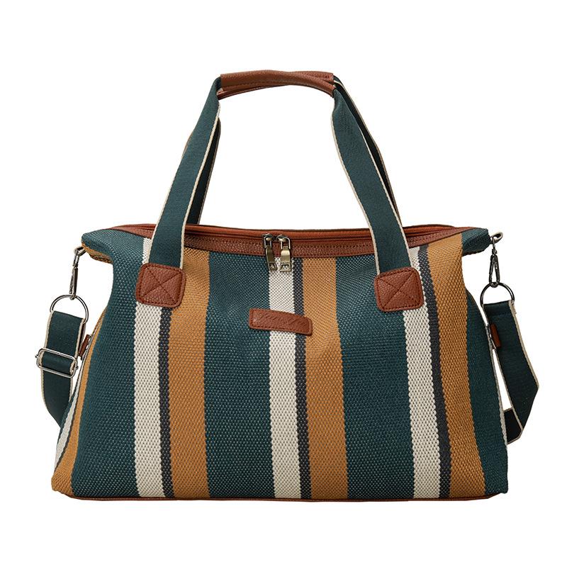 Striped Canvas Women's Travel Bag - Japanese Style, Large Capacity, Handheld, Single Shoulder, Crossbody Bag