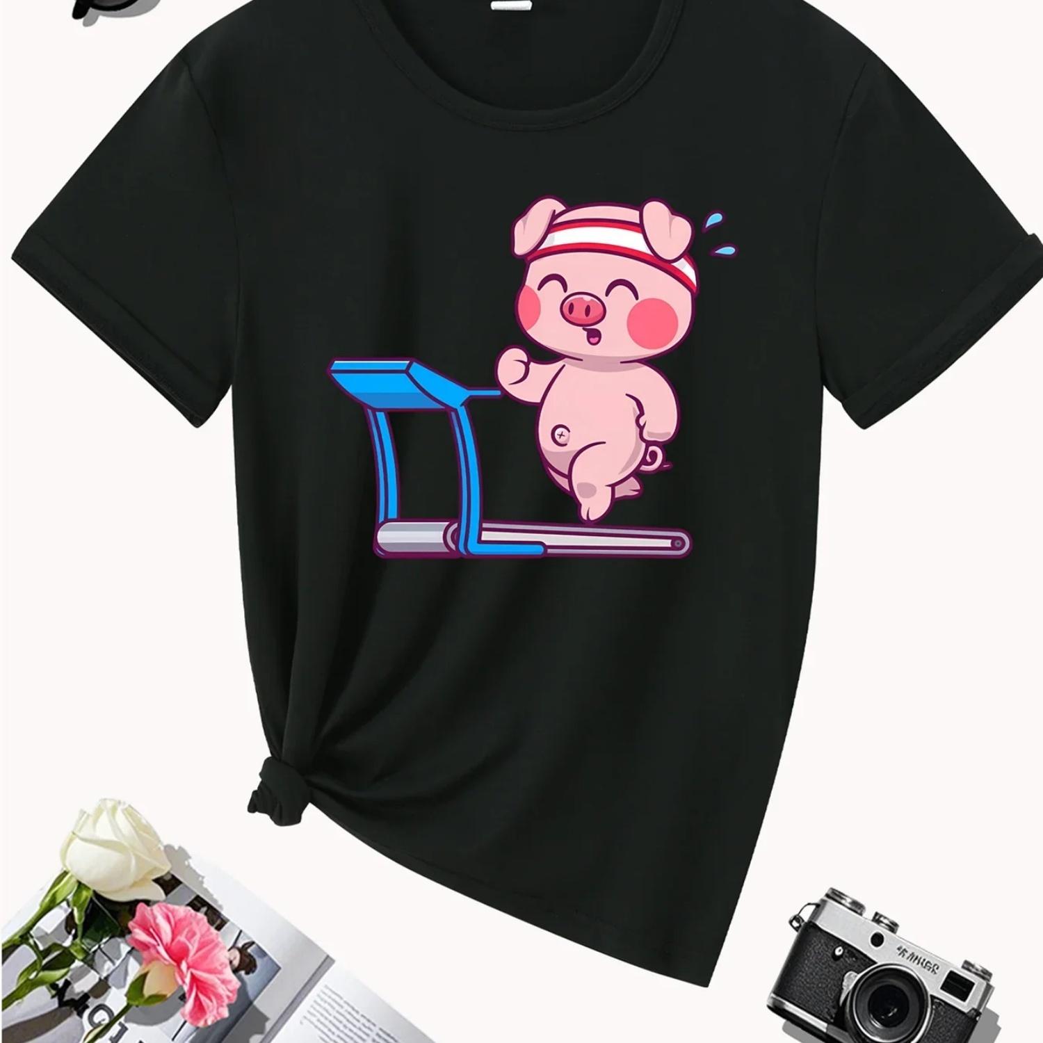 Cute Cartoon Pig Treadmill Printed T-shirt s Casual Style Top with Short Sleeves and Soft Fabric s Summer Clothing S чёрный