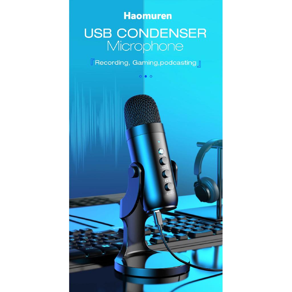 Haomuren USB Microphone for PC Mac Gaming Recording Streaming Podcast,Computer Condenser Mic with Phone Adapter Headphone Output