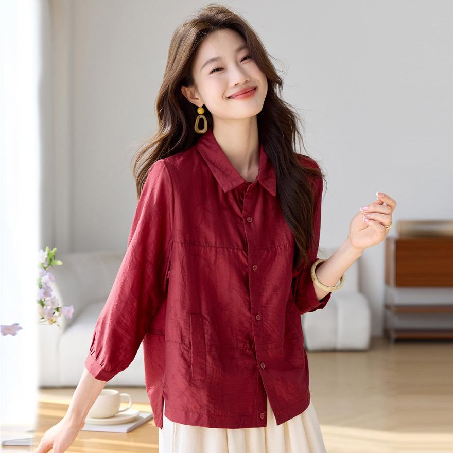 

Tencel thin seven-quarter-sleeved shirt women s summer new shirt medium casual temperament top M червоний