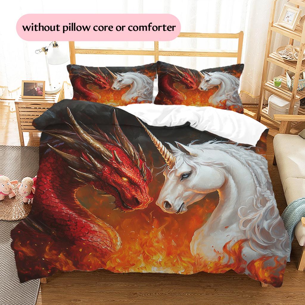 Dragon and unicorn Pattern Bedding Quilt Set Quilt Cover Pillowcase Home Decoration Gift (1 * duvet cover + 2 * pillowcase, without core)