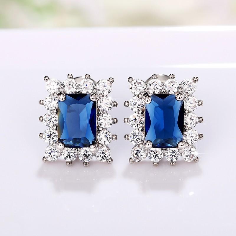 Exquisite Rectangular Blue CZ Stud Earrings for Women Elegant Bride Wedding Ear Accessories Silver Color Fashion Jewelry