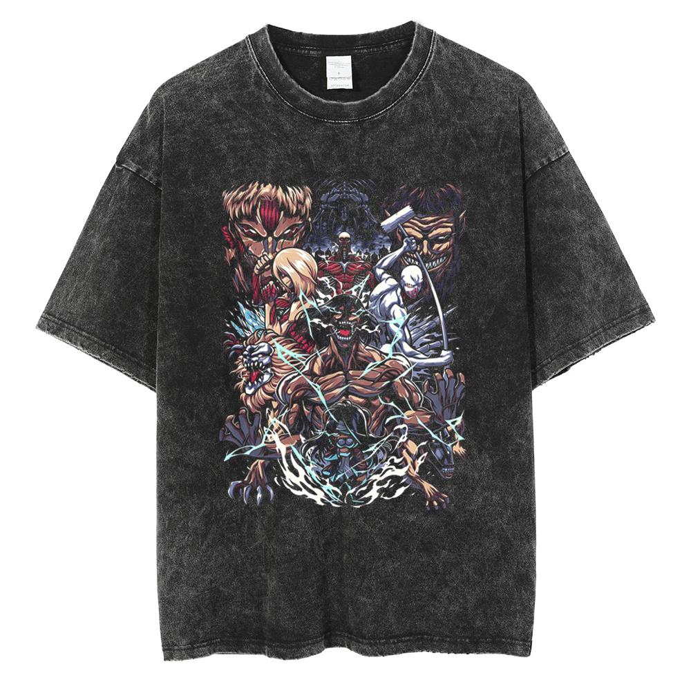 Eren Jager Attack on Titan Summer Streetwear Washed T-Shirt Anime Graphic Print TShirt Men Harajuku Cotton Oversize Vintage Tee