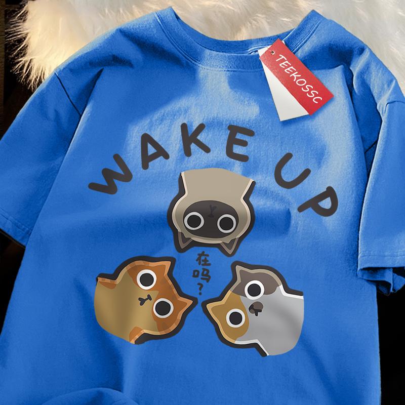 Wake Up 3 Onlookers Of Cats Japanese Style Menswear Cotton Tee Clothes T-Shirts Oversized Quality Shirts Fashion Crewneck Tshirt