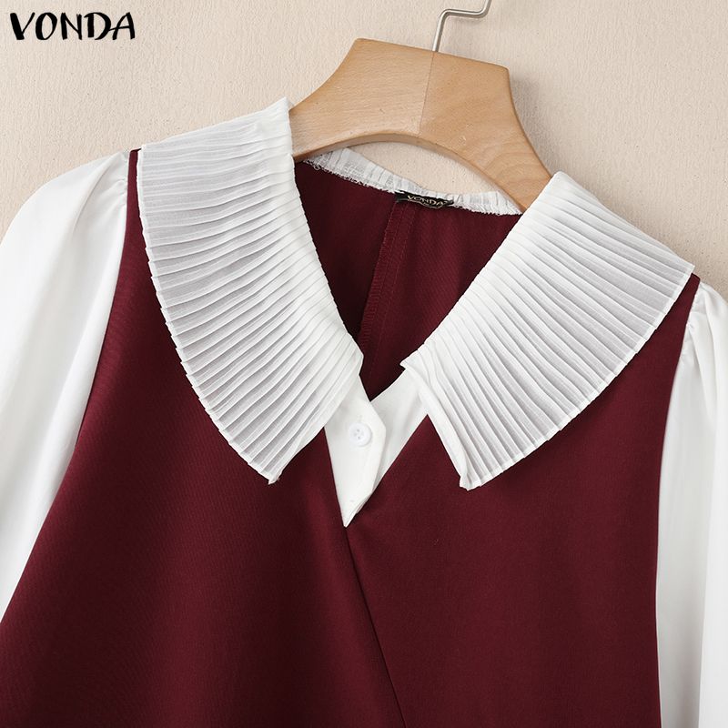 VONDA Women Lapel Neck Long Sleeve Ruffled Office Style Elegant Mini Dress