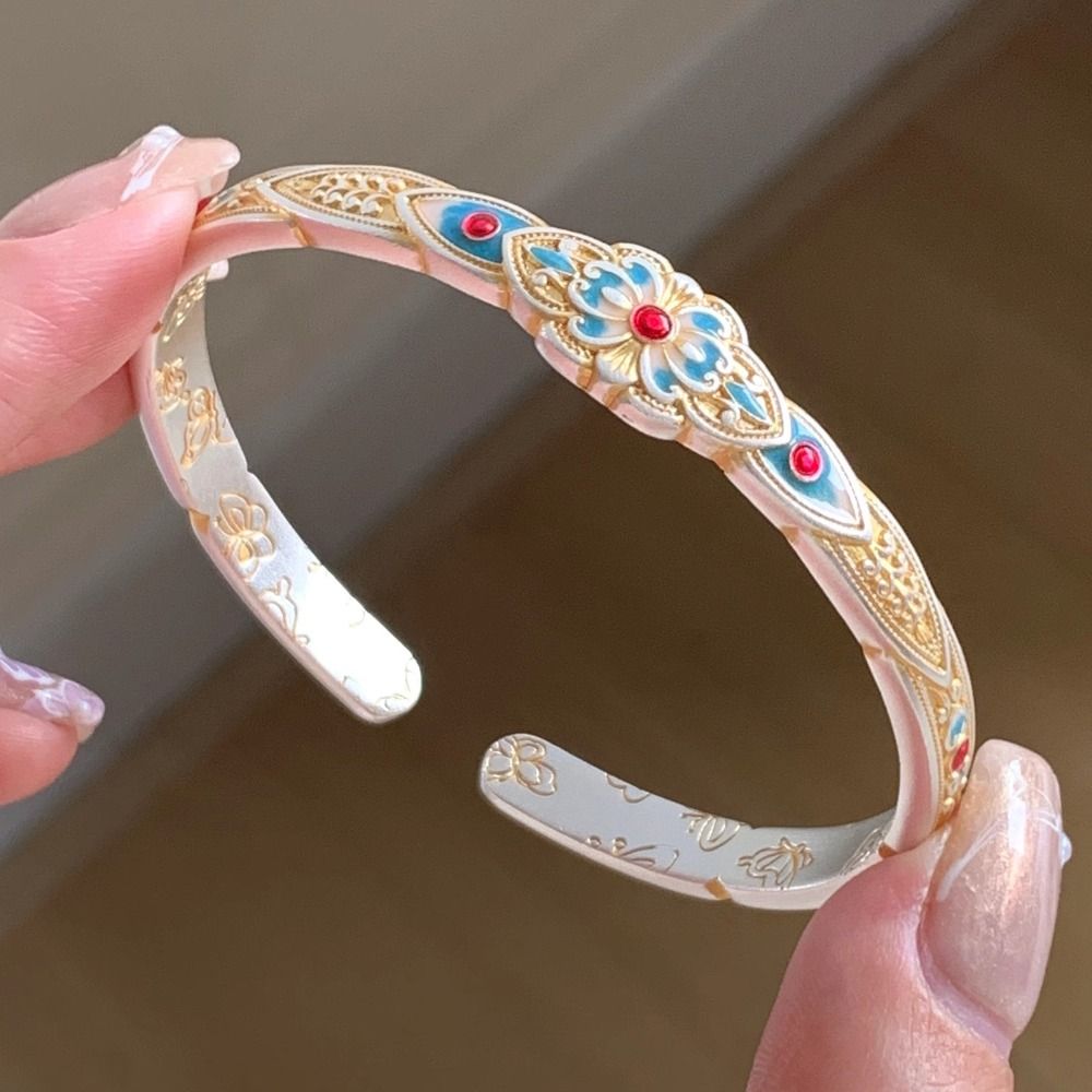 Flower Enamel Lotus Hand Bangle Hand Jewelry Retro Opening Hand Ring  Student