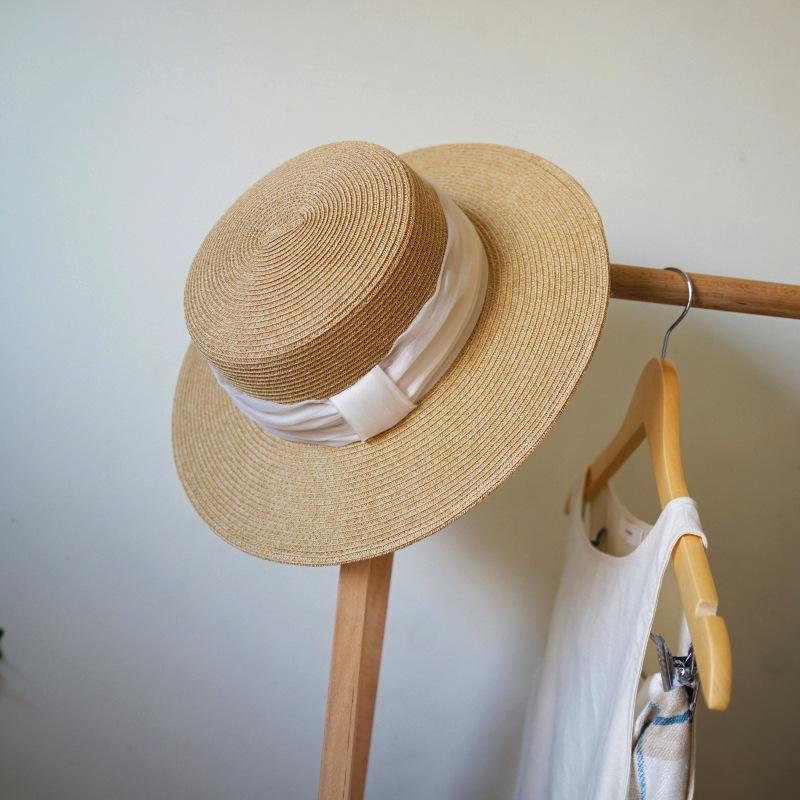 Japanese Retro Small Fresh Wide Brim Versatile Flat Top Top Hat Women'S Summer Sunshade Sunscreen Holiday Beach Sun Straw Hat