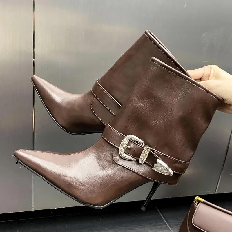 Sexy Pointed Toe Thin High Heel Ankle Boots Women Luxury Rhinestone Belt Buckle Decoration Botas For Women Elegant Party Shoes