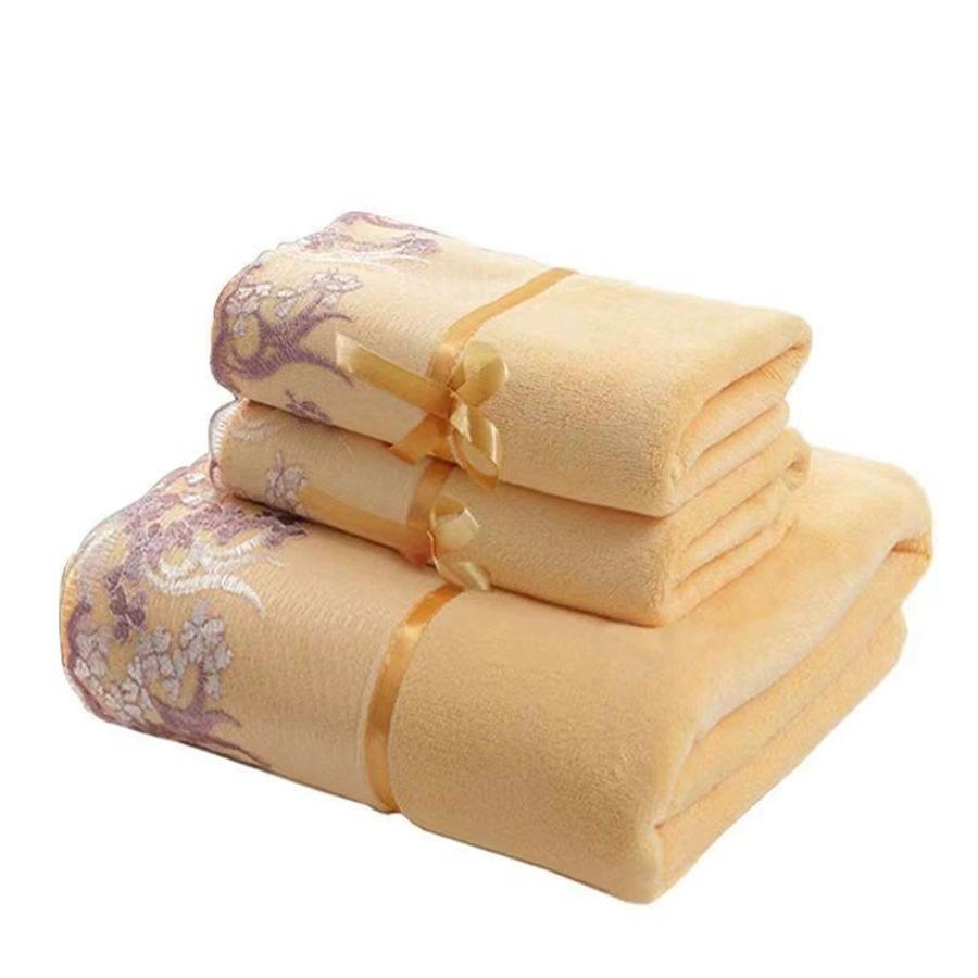 Plain Color Lace-Trimmed 3-Piece Set – Soft & Absorbent Embroidered Gift Towel & Bath Towel Collection