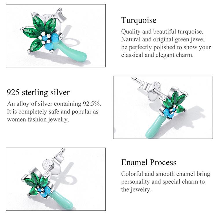 BAMOER 925 Sterling Silver Coconut Tree Stud Earrings for Women Green Zirconium Piercing Earrings Fine Jewelry Wedding Gift