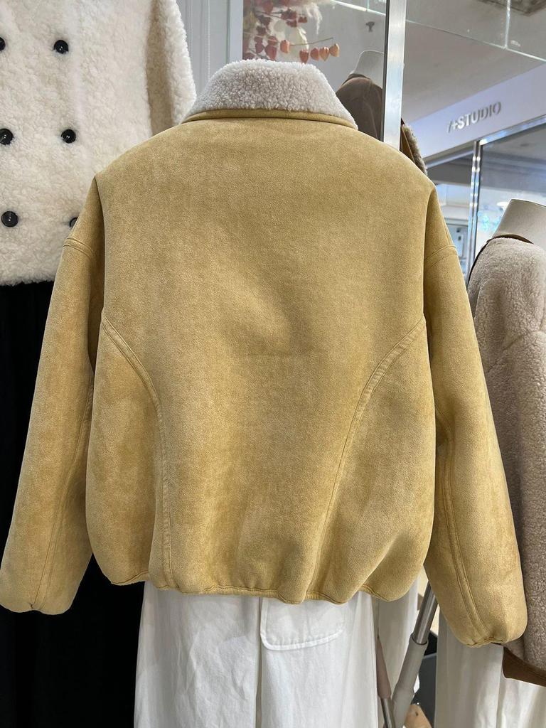 Korejská retro zimní bunda pro ženy ze semiše a jehněčí vlny: Teplý kožený a kožešinový límec