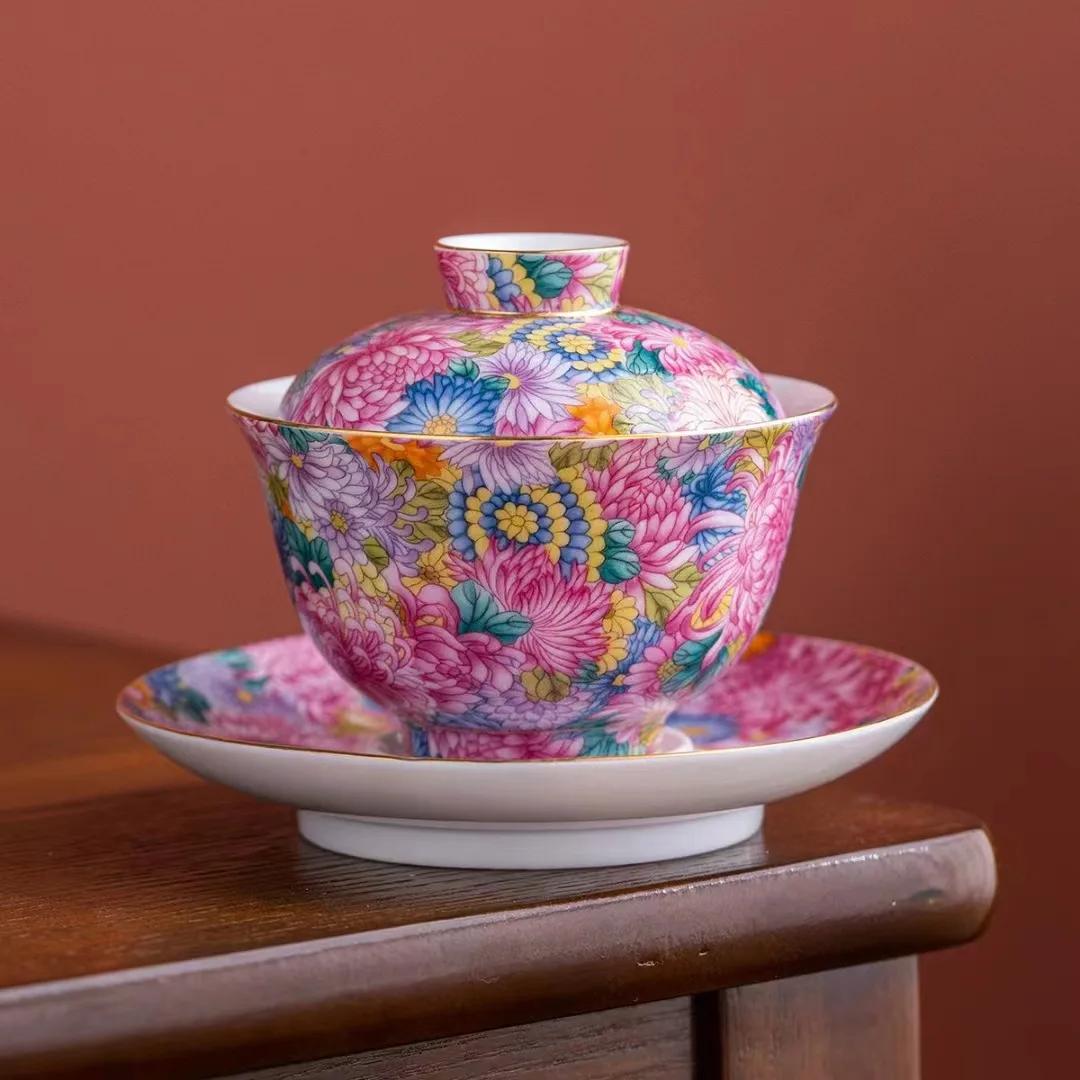

Керамическая Гайвань с крышкой, подсветка чайной чашки, заварочный чайник для китайской красоты, аксессуары для домашнего чайного сервиза, дворец, цвет эмали