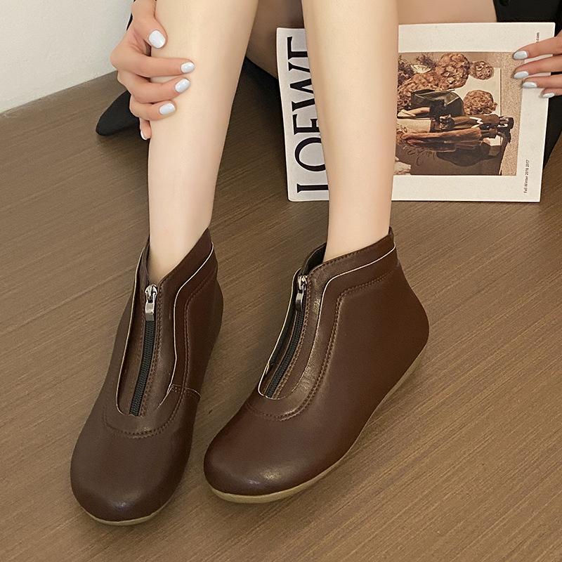 

Large Size Women s Leather Boots Autumn Fashion Soft Sole Front Zipper Casual Shoes Outdoor Non Slip Comfort Vintage Ankle Boots 35 темно-коричневого