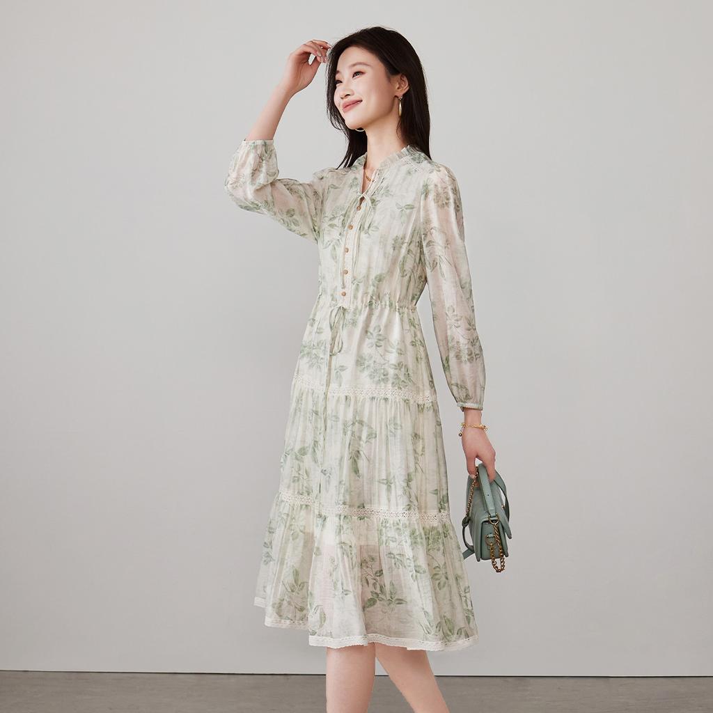 French Fungus Edge Hem Leads Printed Dress