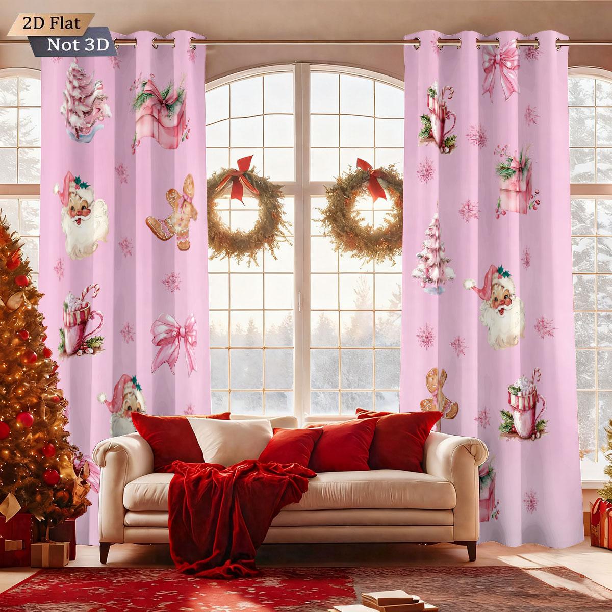 

Set Of 2 Pink Romantic Santa Claus Element Print Curtains Multi Size Living Room Bedroom Insulation Holiday Decoration Curtain With Darkening W100*H70(CM)-Grommet top&2PCS