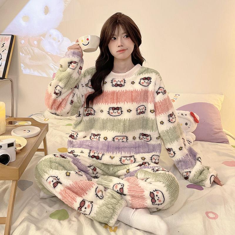Damski Słodki Kreskówkowy Flanelowy Zestaw Piżamowy - Gruby, Podszyty Polarem i Przytulny na Jesień i Zimę