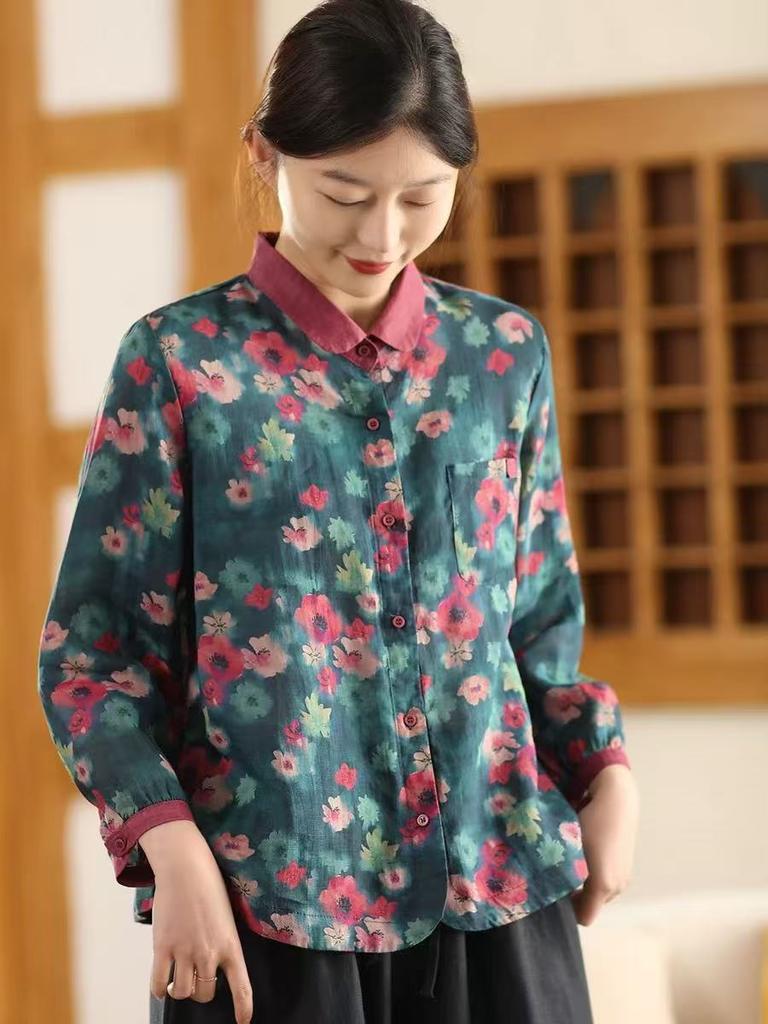 Johnature Camicie da donna stile cinese con stampa floreale, bottoni, top primaverili, colletto rovesciato, maniche lunghe, camicie a bottoni