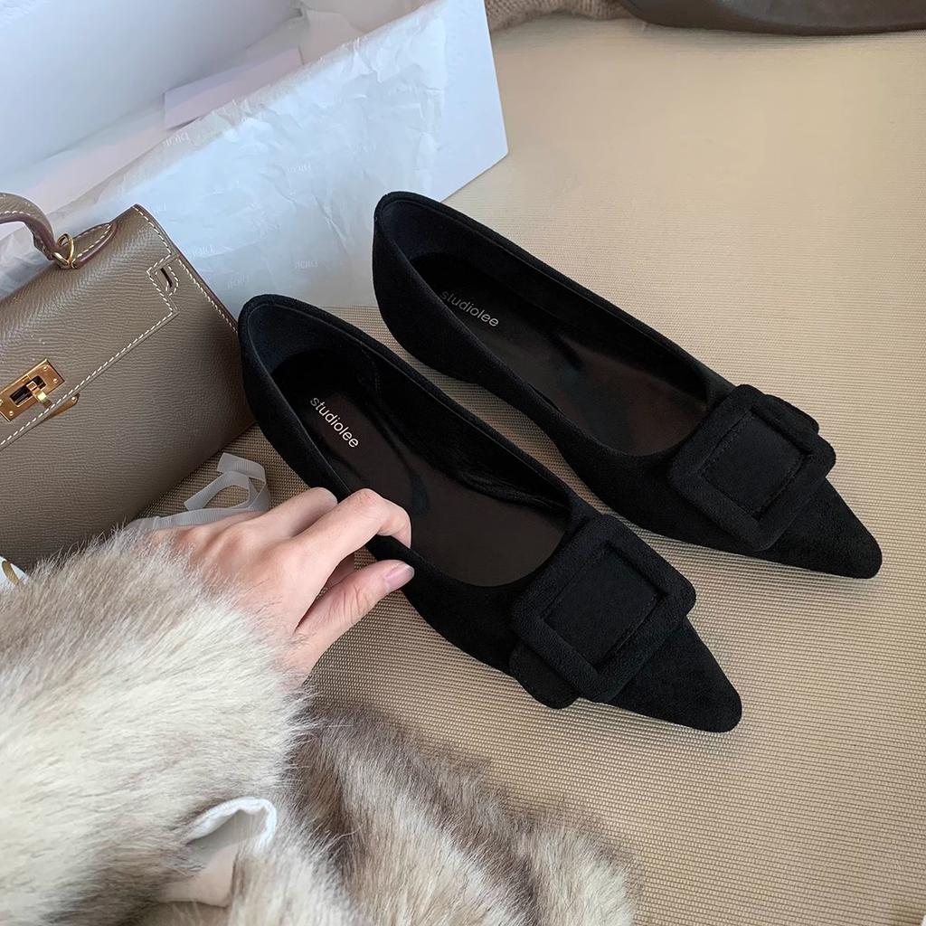 Sheepskin Version~ Temperament Pointed Commuting Square Buckle Versatile Suede Light Mouth Leopard Print Single Shoes Women